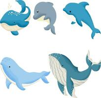 Hand drawn illustration vector set of swimming dolphins and whale