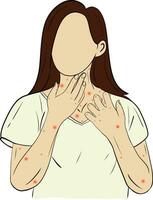 hand drawn cartoon illustration of a female with allergies red rash itching vector