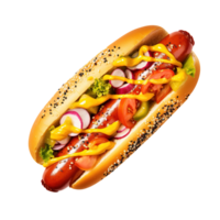 caliente perro con mostaza y salsa de tomate, creado con generativo ai png