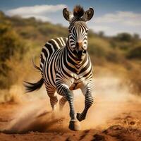 AI Generated zebra in motion running on a dirt road in the forest photo
