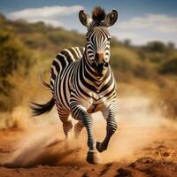 AI Generated zebra in motion running on a dirt road in the forest photo