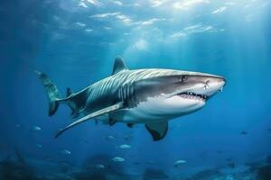AI Generated A great white shark with sharp teeth in motion is swimming in the ocean hunting for prey. photo