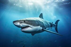AI Generated A great white shark with sharp teeth in motion is swimming in the ocean hunting for prey. photo