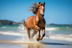 ai generado marrón caballo animal en movimiento corriendo en el playa brillante azul cielo fondo foto