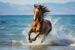 AI Generated brown horse animal in motion running on the beach bright blue sky backdrop photo