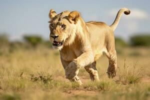 AI Generated A female lion in motion runs across a field in the forest. photo