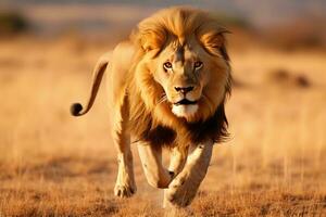 AI Generated A male lion in motion runs across the field chasing the forest. photo