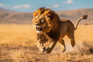 AI Generated A male lion in motion runs across the field chasing the forest. photo