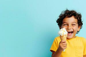 AI Generated Boy Holding Waffle Cone Ice Cream In Emotions happy smiling background bright pastel tones photo