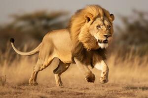 ai generado un masculino león en movimiento carreras a través de el campo persiguiendo el bosque. foto