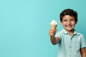 AI Generated Boy Holding Waffle Cone Ice Cream In Emotions happy smiling background bright pastel tones photo