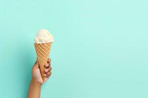 AI Generated pastel color background banner hand holding waffle cone ice cream photo