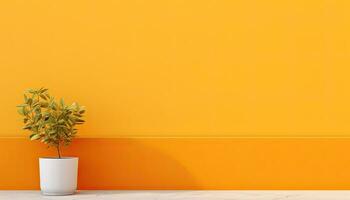 AI Generated Colorful Minimalism Bright orange wall background with potted plants on the side. photo