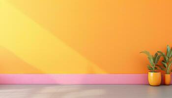 AI Generated Colorful Minimalism Bright orange wall background with potted plants on the side. photo