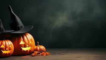 AI Generated Halloween background illustration with creepy spooky pumpkin heads. Space to write messages photo