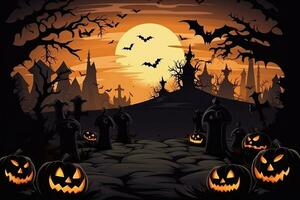 AI Generated Halloween background illustration with creepy spooky pumpkin heads. Space to write messages photo
