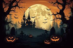 AI Generated Halloween background illustration with creepy spooky pumpkin heads. Space to write messages photo