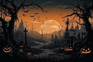 AI Generated Halloween background illustration with creepy spooky pumpkin heads. Space to write messages photo