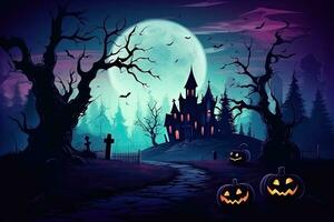AI Generated Halloween background illustration with creepy spooky pumpkin heads. Space to write messages photo