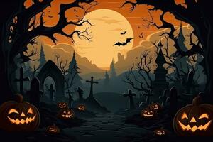 AI Generated Halloween background illustration with creepy spooky pumpkin heads. Space to write messages photo