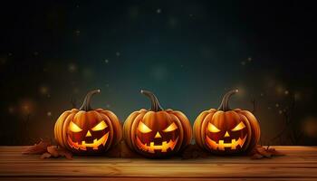 AI Generated Halloween background illustration with creepy spooky pumpkin heads. Space to write messages photo