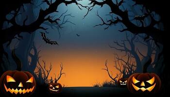 AI Generated Halloween background illustration with creepy spooky pumpkin heads. Space to write messages photo