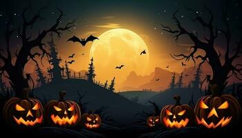 AI Generated Halloween background illustration with creepy spooky pumpkin heads. Space to write messages photo