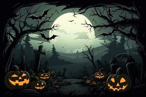 AI Generated Halloween background illustration with creepy spooky pumpkin heads. Space to write messages photo