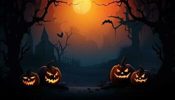AI Generated Halloween background illustration with creepy spooky pumpkin heads. Space to write messages photo