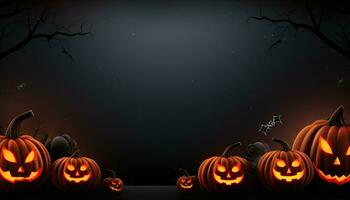 AI Generated Halloween background illustration with creepy spooky pumpkin heads. Space to write messages photo