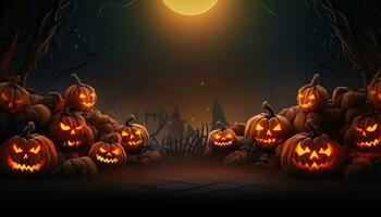 AI Generated Halloween background illustration with creepy spooky pumpkin heads. Space to write messages photo