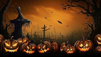 AI Generated Halloween background illustration with creepy spooky pumpkin heads. Space to write messages photo