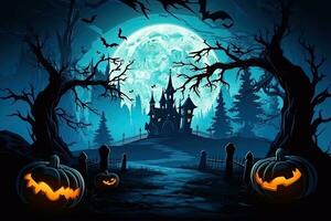 AI Generated Halloween background illustration with creepy spooky pumpkin heads. Space to write messages photo