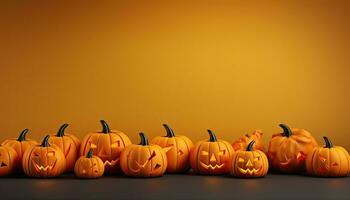 AI Generated Halloween background illustration with creepy spooky pumpkin heads. Space to write messages photo
