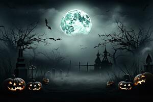 AI Generated Halloween background illustration with creepy spooky pumpkin heads. Space to write messages photo
