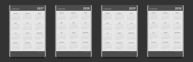 Calendars for 2027, 2028, 2029, 2030. Week starts on Monday, vertical arrangement, black and white. vector