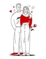 Couple in love. Guy and girl in a relationship in love. Doodle style with red color elements vector