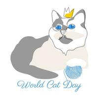 mundo gato día. blanco-gris gato con un corona en su cabeza. vector