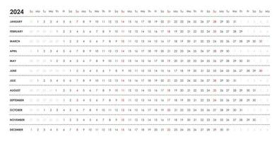 Linear calendar for 2024. Horizontal, week starts on Sunday, black and white, English. vector