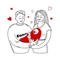 Young parents with a baby. Parenting. Happy family concept. Doodle style with red color elements. vector