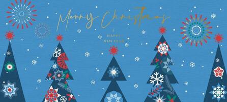 Merry Christmas and Happy New Year banner. Horizontal holiday poster with Christmas trees, snowflakes and stars on a blue background. vector