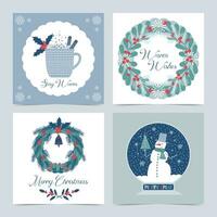 A set of postcards on the theme of winter holidays. Cup with cappuccino, Christmas wreaths, snow globe. Square shape. vector