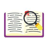 Open book with magnifying glass. searching or learning concept. flat icon on white background. vector