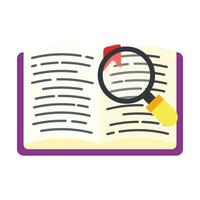 Open book with magnifying glass. searching or learning concept. flat icon on white background. vector