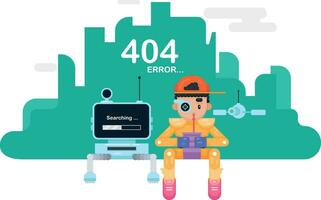 404 error página modelo. chico sentado con un larva del moscardón Bebiendo zalamero. sitio web error mensaje, vector ilustración