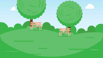 Green park with trees, bushes and bench. empty green meadow, vector illustration