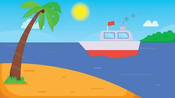 Steam ship on the sea with the background of sky with clouds, sun and an island. vector illustration