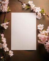 blank paper for congratulations with sakura flower, AI Generated photo