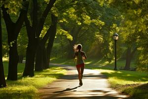 un persona trotar en un parque, disfrutando su diario ejercicio rutina foto