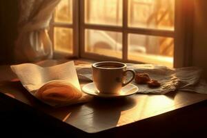 Mañana café y periódico en un acogedor desayuno mesa. foto